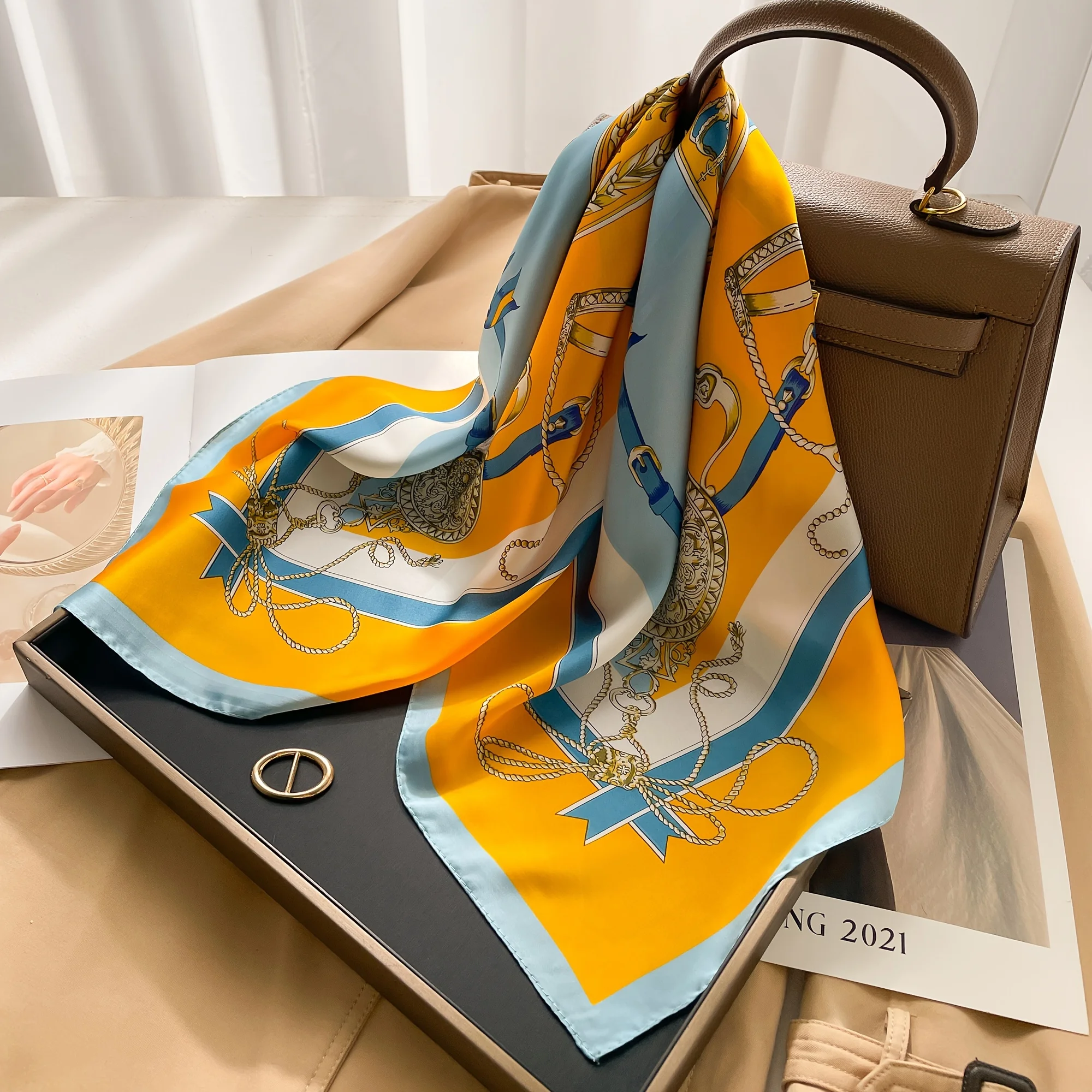 Elegant Women\'s Satin Square Scarf With Orange-Blue Altar Print Imitation Silk Scarf Breathable Windproof Fashion Accessory