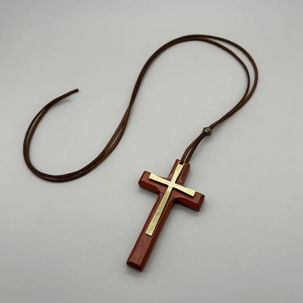Handmade Wooden Cross Pendant Blessing Cross Collar Rope Choker Chain Unisex Design Rear View Mirror Charm Car Interior Decor