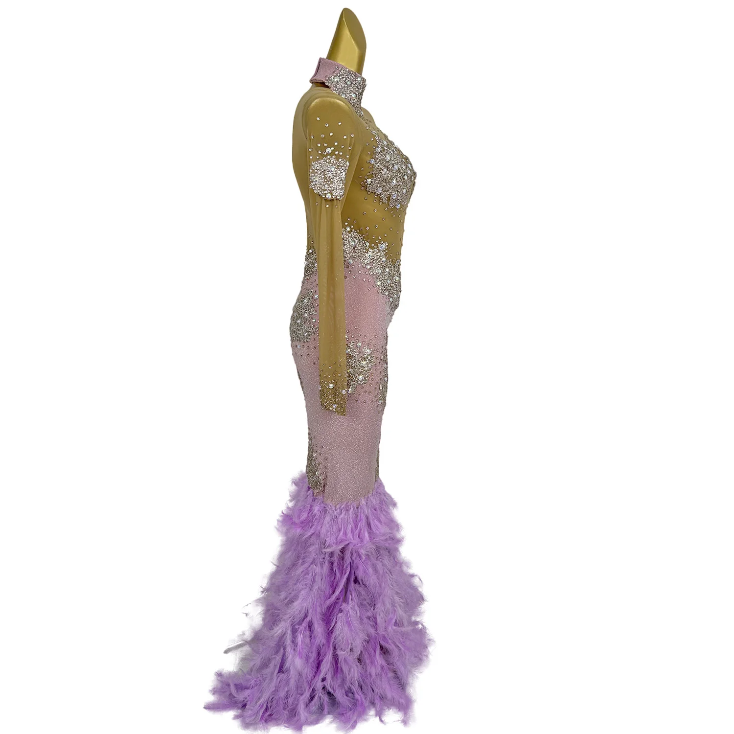 Elegancka Sukienka na Urodziny z Kryształkami i Cekinami, Syrenka, Długa Suknia Wieczorowa Damska z Piórami, Sukienka na Bal Maturalny, Sukienka Wieczorowa z Trenem