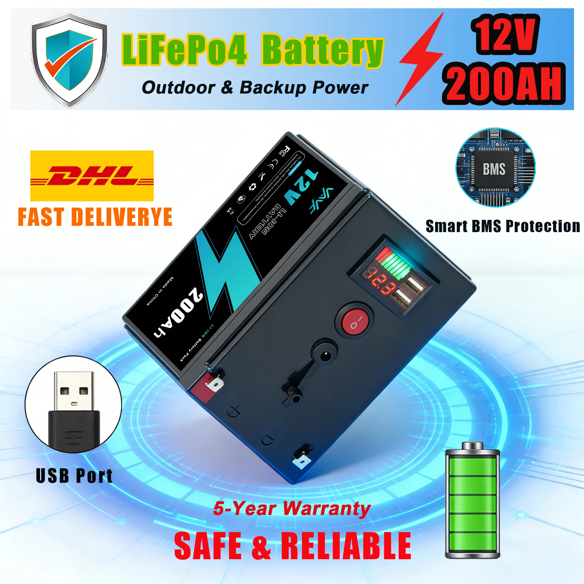 

12 В, 200 Ач ️Солнечная батарея, литиевая батарея глубокого цикла, встроенная BMS-идеально для солнечных систем, Кемперы, Лодки & Cabin Power