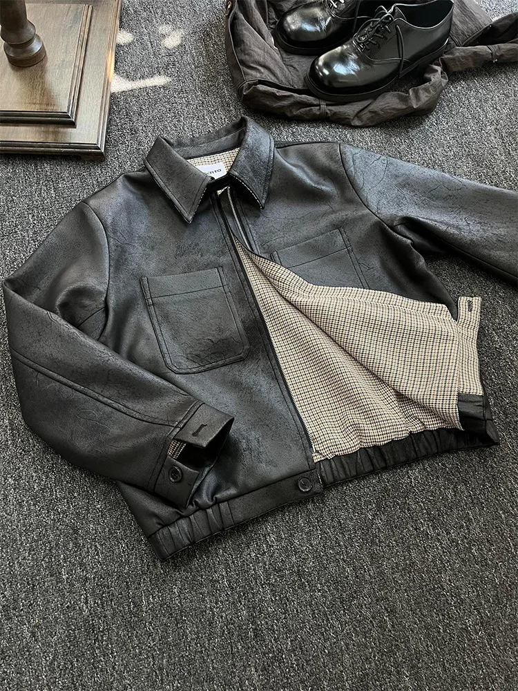 

Мужская байкерская кожаная куртка с двусторонним узором и откидным воротником, весна-осень-зима, пальто из искусственной кожи