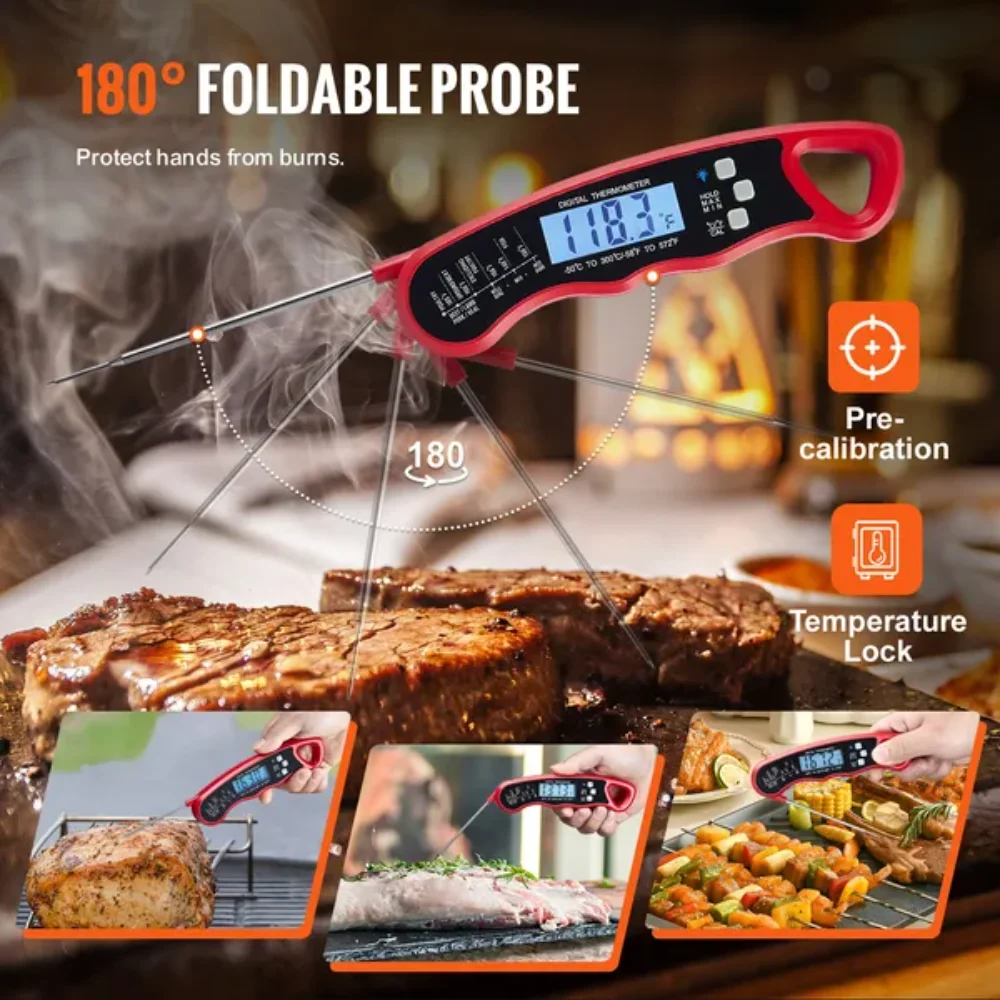 Instant Read Meat Thermometer for Grill and Cooking, Best Waterproof Ultra Fast Thermometer with Backlight & Calibration