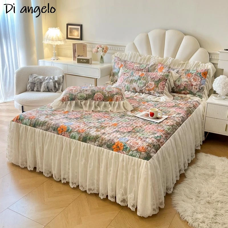 Double Queen Size Mattress Cover, European Style, Embroidery, Cotton, Thickened, Quilting Bed Skirt, Bedspread Pillowcase, #/