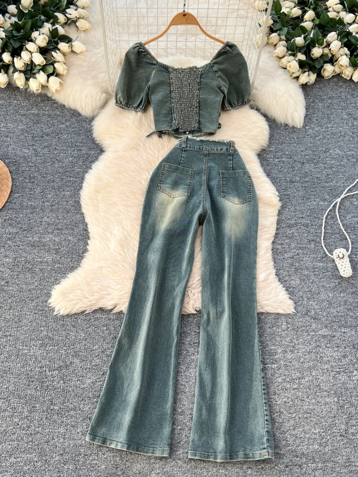 Retro Sle Women's Denim Set Summer Tie Waist Crop Top plus High Waist Slim Fit Pants Square Collar Faionable Outfit