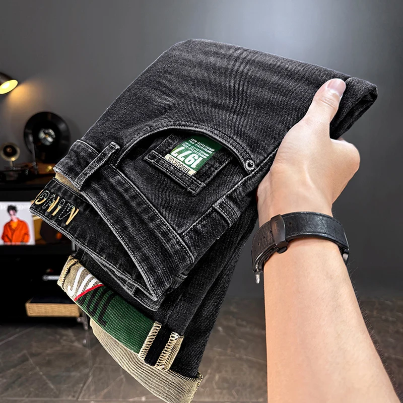 جينز رجالي كاجوال طويل مستقيم من قماش الدنيم قابل للتمدد للخريف والشتاء جينز كلاسيكي بحزام موضة كورية بنطلون جينز أزرق وأسود #3