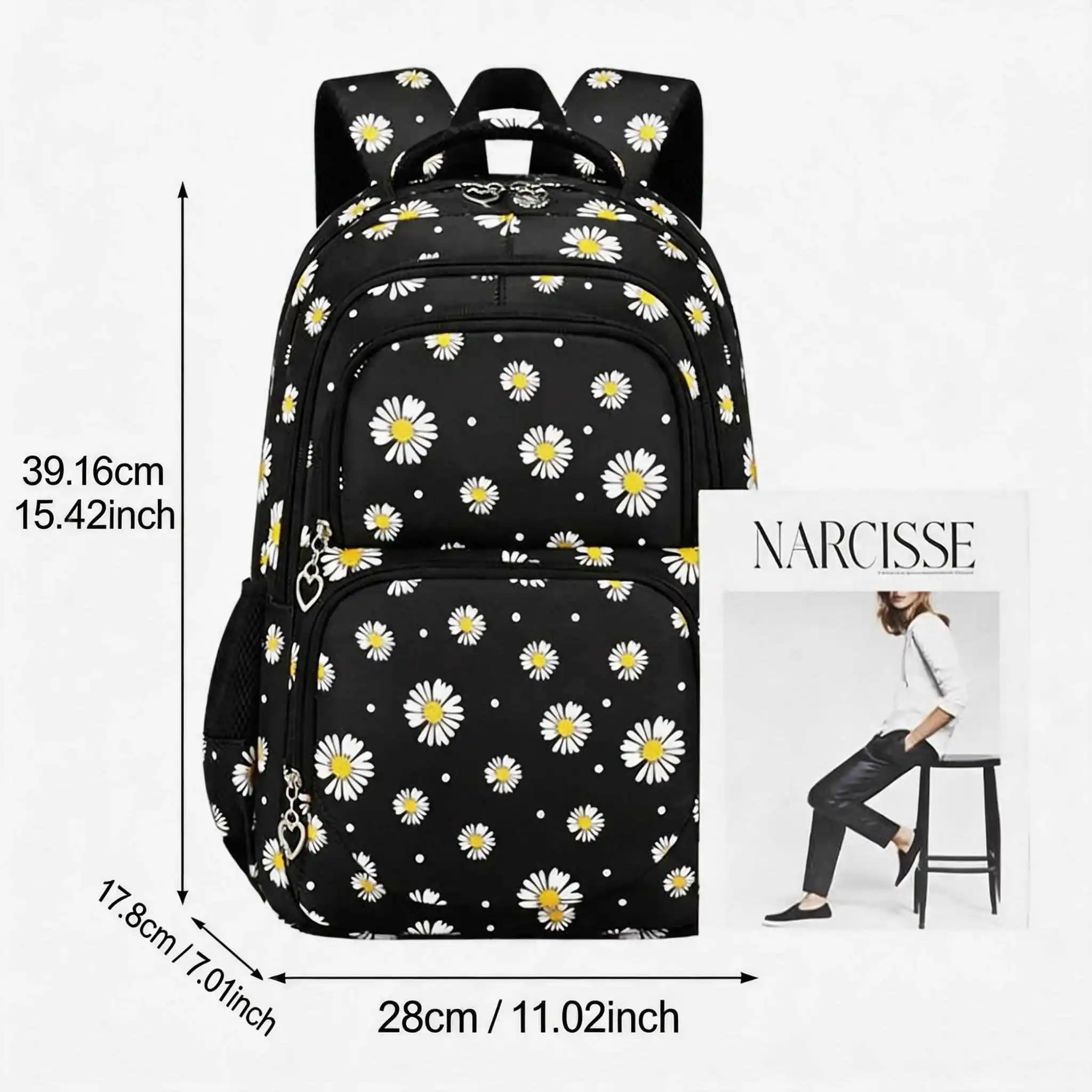 Pro Student Daisy 3-Piece Set Bag Large Capacity Backpack College Style Lightweight Fashion Multi Compartment Smooth Zipper