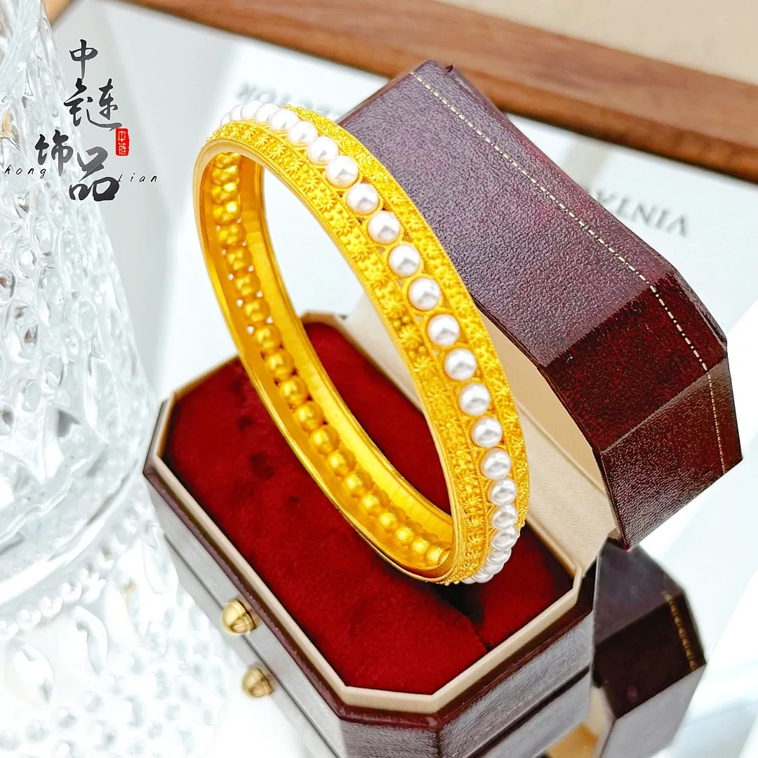 9999 gold micro-set elegant charm bracelet - New Chinese-style imperial style flower wire inheritance pearl bracelet