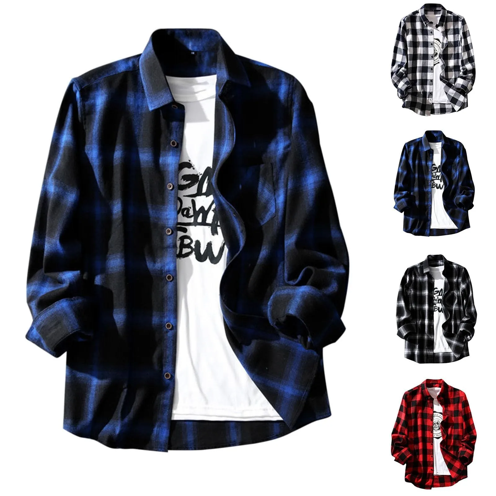 قميص رجالي قطن أبيض وأسود منقوش اللون تصميم كلاسيكي أنيق فضفاض كاجوال بصدر واحد وأكمام طويلة بقصة ضيقة