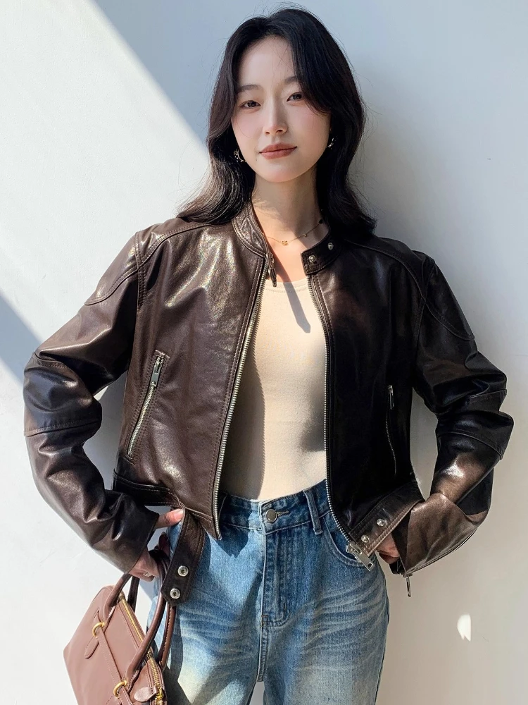 Vintage Cropped Genuine Leather Motorcycle Jacket Women Spring Autumn High-end Simple Stand Collar Slim Soft Real Sheepskin Coat