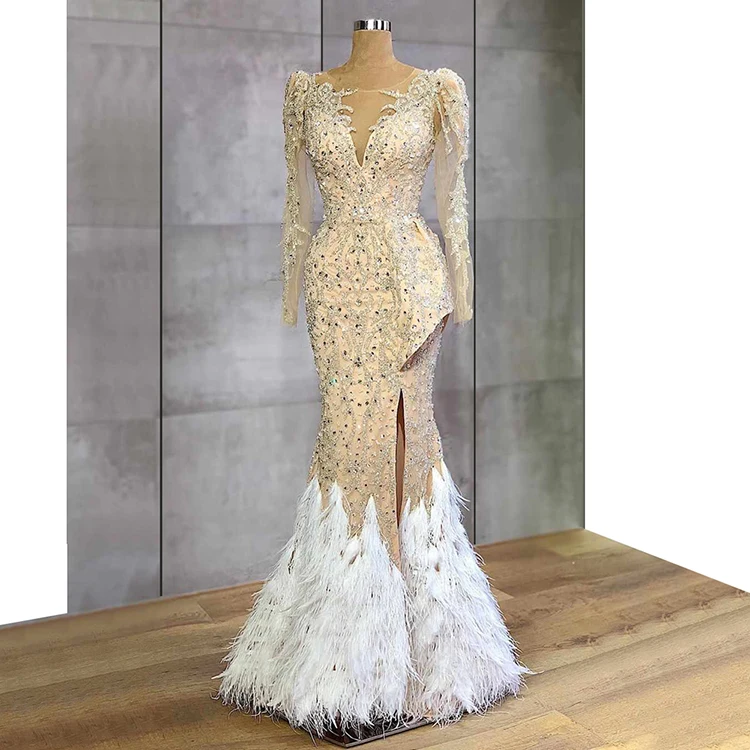 

Sexy Slim Fit Prom Dress Beaded Sequin Feather Evening Dress Split Crystal Banquet Party Formal Occasion Dress