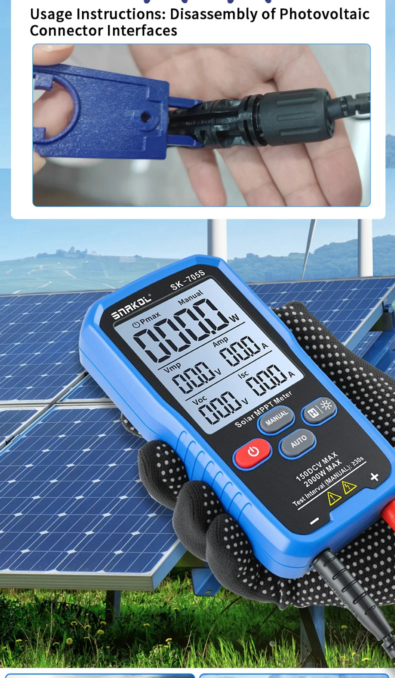 SNAKOL SK-705 Solarmodul-Tester MPPT-Tester 1000W PV-Modul MAX Leistungsmesser, Leerlaufspannung Kurzschlussstrom-Test – Detail 7