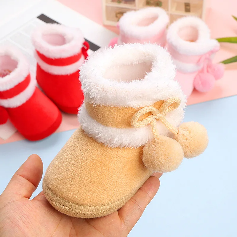 

Winter 0-15 Months Newborn Baby Girls Shoes First Walker Plush Keep Warm Pink Red Camel Cute Boots Soft Soled Bow Plush Ball