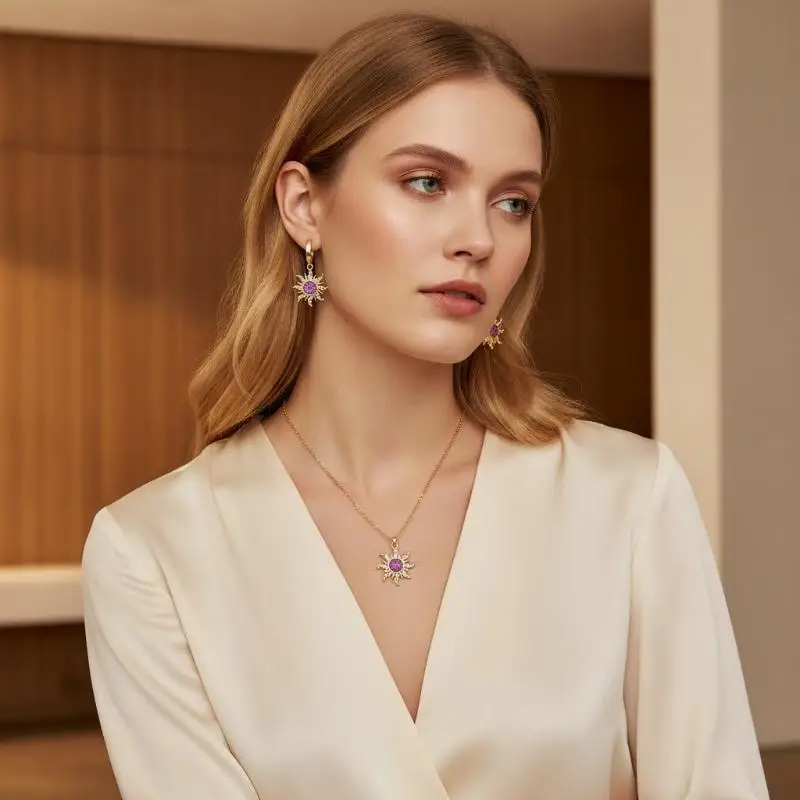 Fashion Sun Shape Pendant Necklace Inlaid Crystal Rhinestone Ear Drop Bracelet Ring For Women Daily Party Wedding Wear Jewelry