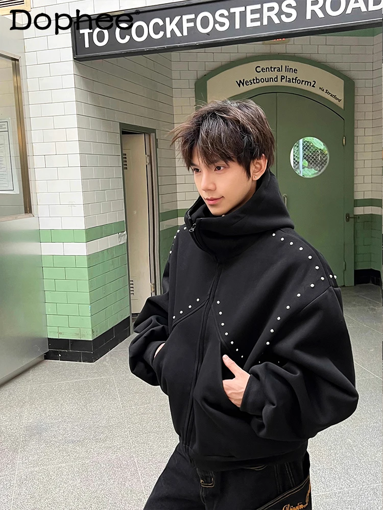 

Fashion Trendy Design Beaded Hooded Sweatshirt Cardigan Stylish Loose Casual Versatile Jacket Top for Men