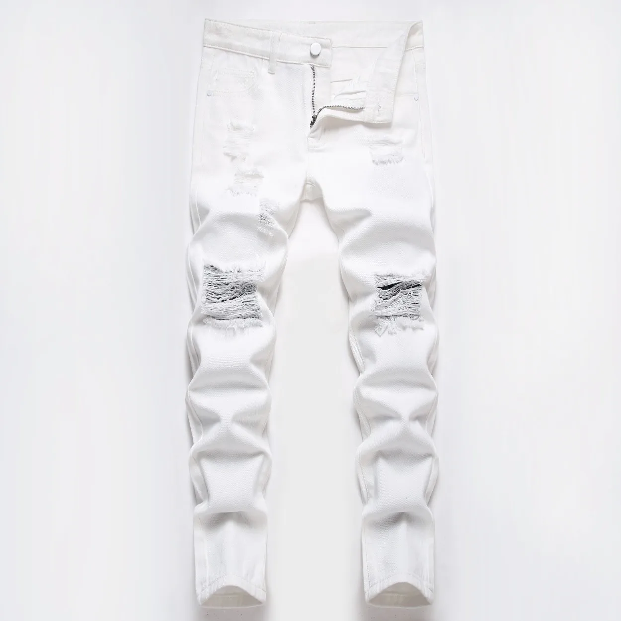 

European And American Boys Pure White Straight Ripped Mid-waist Washed Cotton Casual Jeans Pants