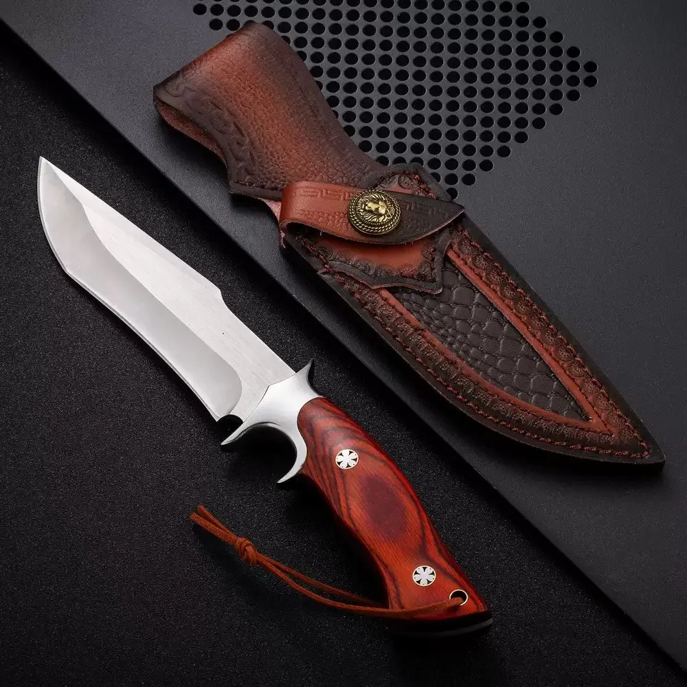 

M390 Blade Rosewood Handle Tactical Knife Edc Self defense Combat Knives Hunting Tool Camping Survival Knife with Leather Sheath
