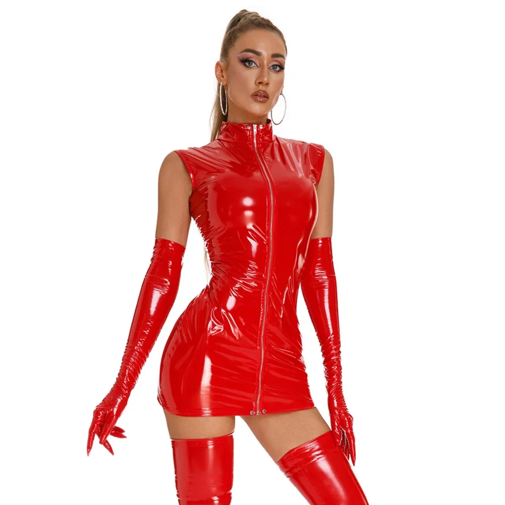 Damen Plus Size Sexy Glänzendes Lederkleid Ärmellos Reißverschluss Catsuit Offener Hüftbereich Mini-Rock Bühnen-Maskerade-Cosplay-Rock – Detail 5
