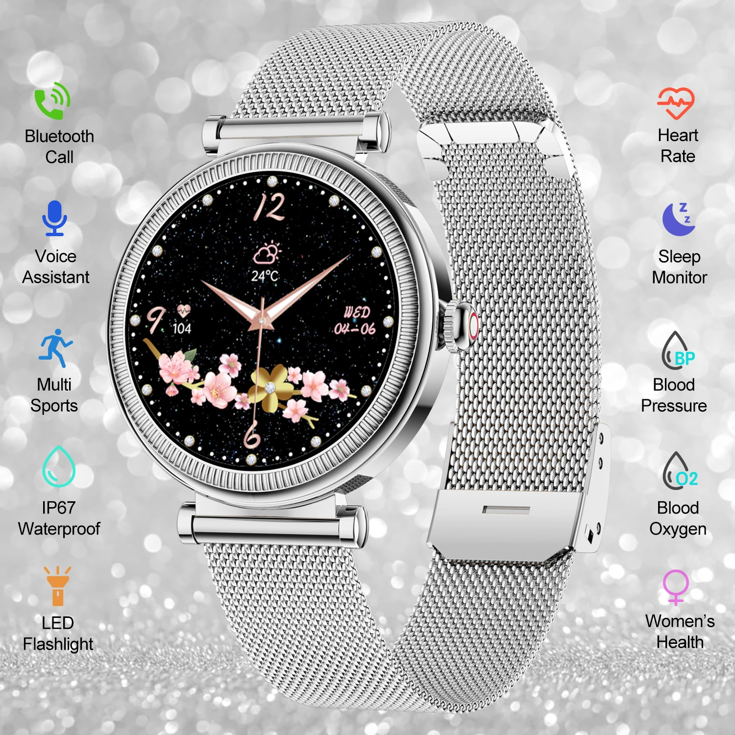 Women Smart Watch 1.27 Inch 360*360 HD Screen Bluetooth Call Heart Rate Blood Pressure Monitor Multi Sports Modes Smartwatch