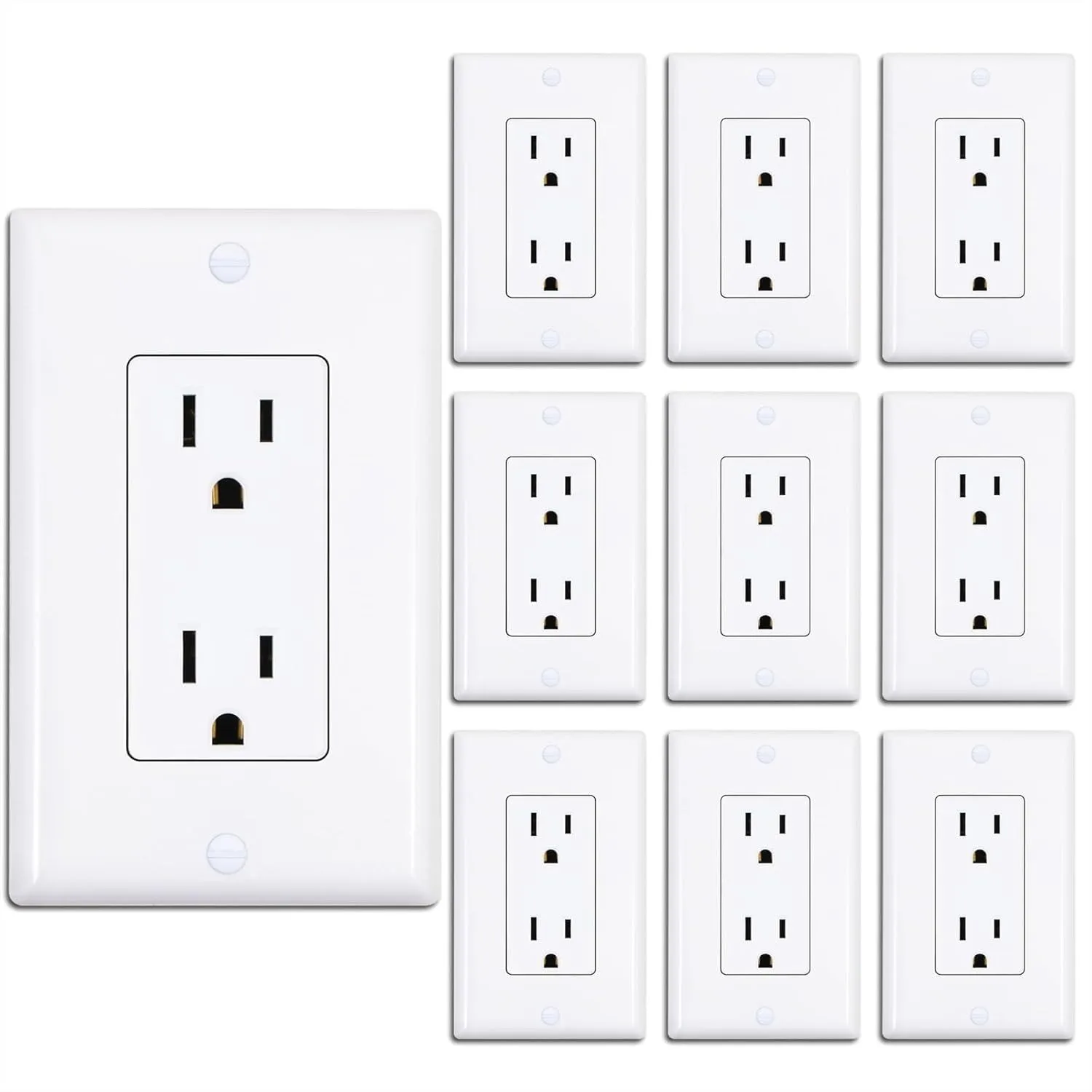 

Decorator Receptacle Outlet with Wall Plate, 15Amp 125V Self-Grounding, UL Listed, White (10 Pack), Glossy Finish