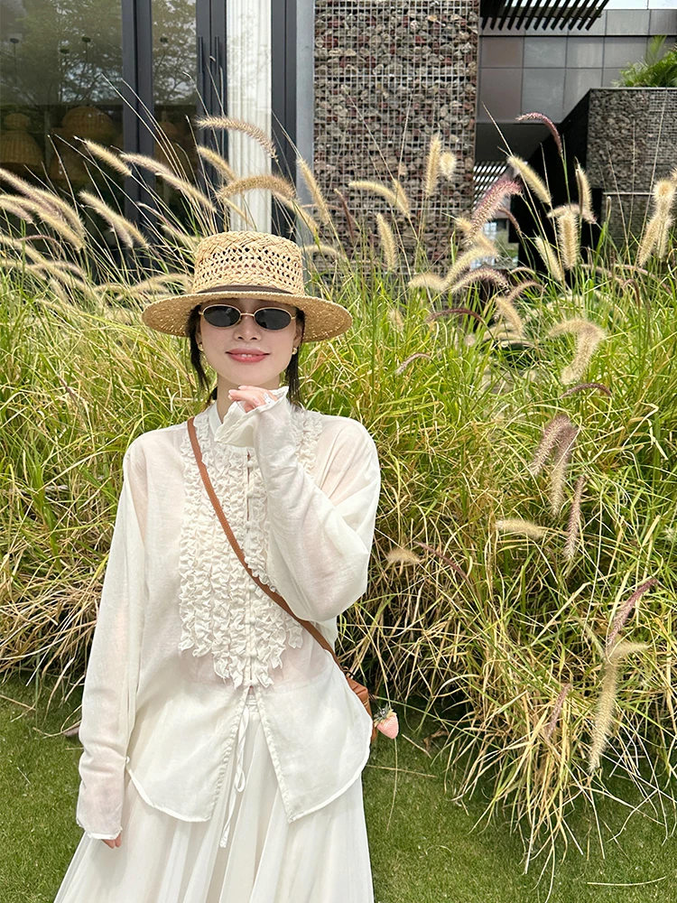 

Женская тонкая рубашка Gold Su One Apricot с многослойным узором под дерево и оборками, с длинным рукавом, для защиты от солнца, в повседневном стиле, свободного кроя.