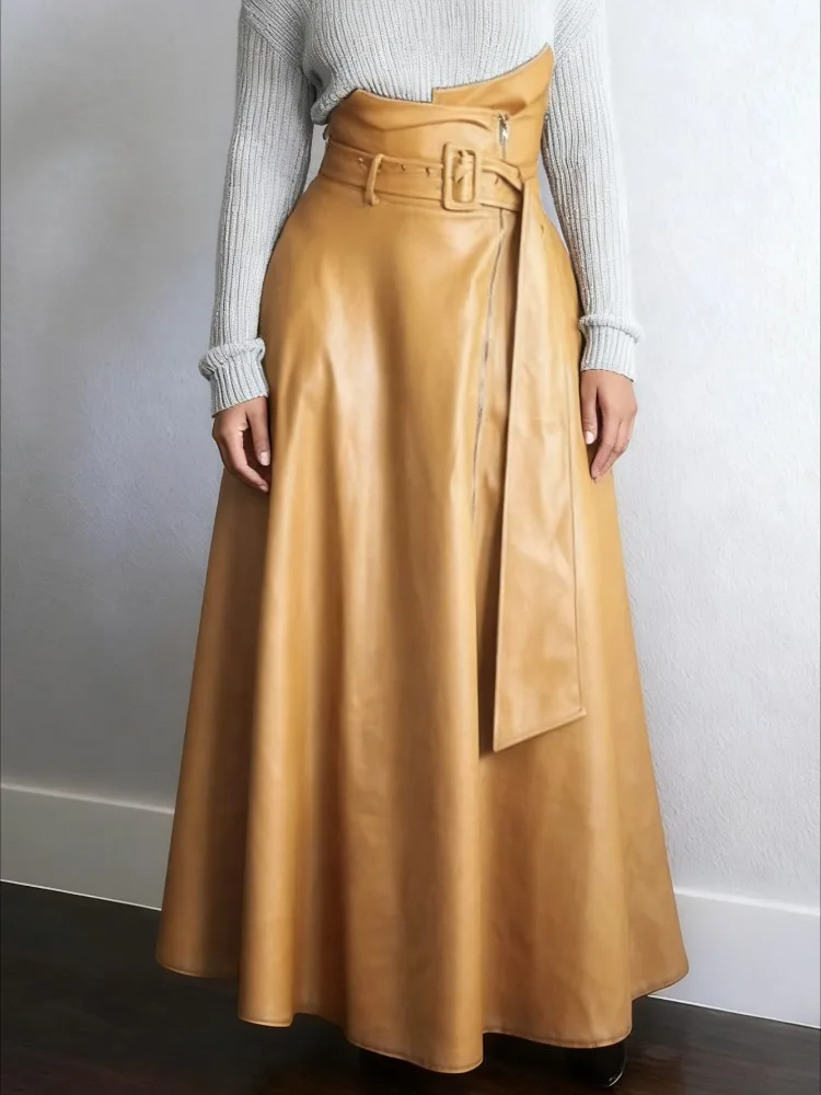 Gymystars japonês roupas vintage zíper pu saias longas moda bolsos soltos cor sólida cintura alta maxi saia com cinto