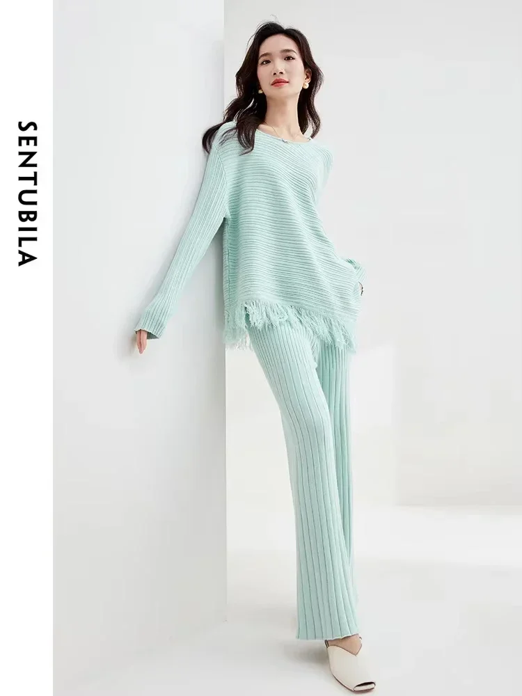 

SENTUBILA Warm Sweater Sets For Women 2 Piece 2025 Spring New Tassel Knitted Top Casual Trousers Pant Two Piece Set W33Z52268