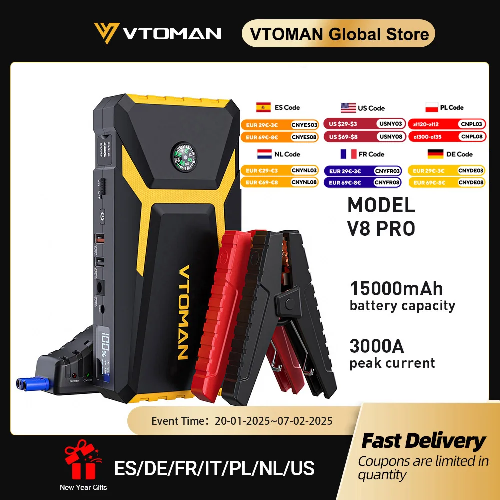 

VTOMAN V8 Pro 3000A Car Jump Starter Power Bank 55.5Wh Car Starting Device Fast Charging Car Battery Charger Booster