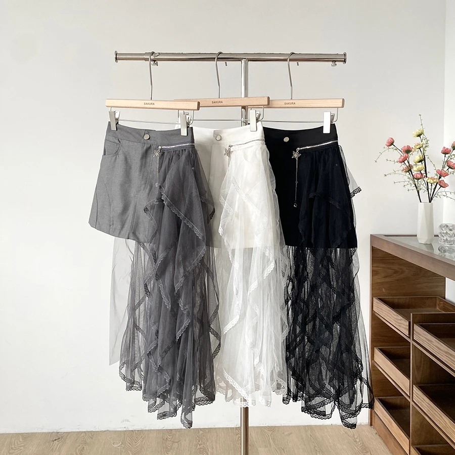 

Spring Summer New Korean Fashion Mesh Splicing Half Length Skirt For Women High Waist Slim Look Grey Covering A-line Short Skirt
