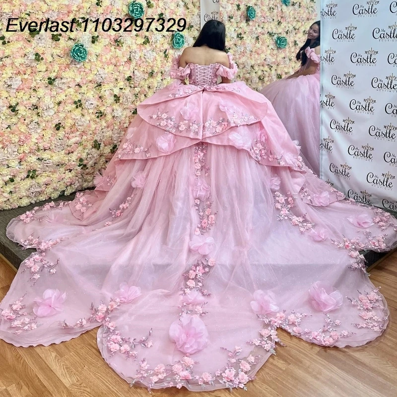 EVLAST abito Quinceanera rosa chiaro abito da ballo fiori 3D Applique perline con corsetto a strati dolce 16 Vestido De 15 Anos TQD496