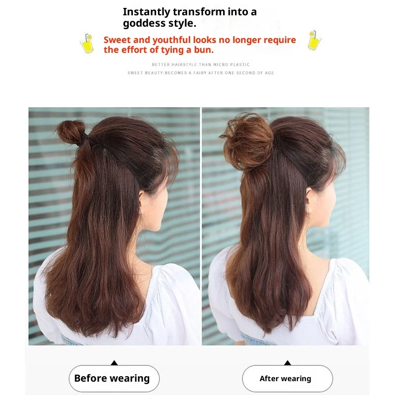 Real Hair Bun Hair for Female Straight Hair Lady Women Ring Net Celebrity Flower Bud Hair Artifact Fluffy Natural Hair Bag