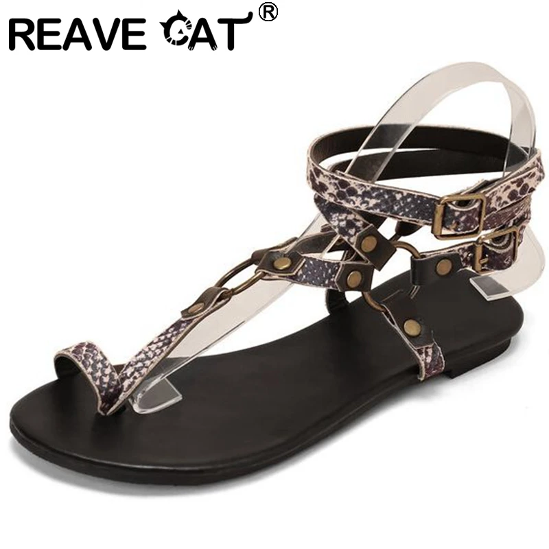 REAVE CAT Women\'s Sandals Open Toe Flats Buckle Ornaments Ankle Straps Rome Big Size 36-43 Black Summer S3369