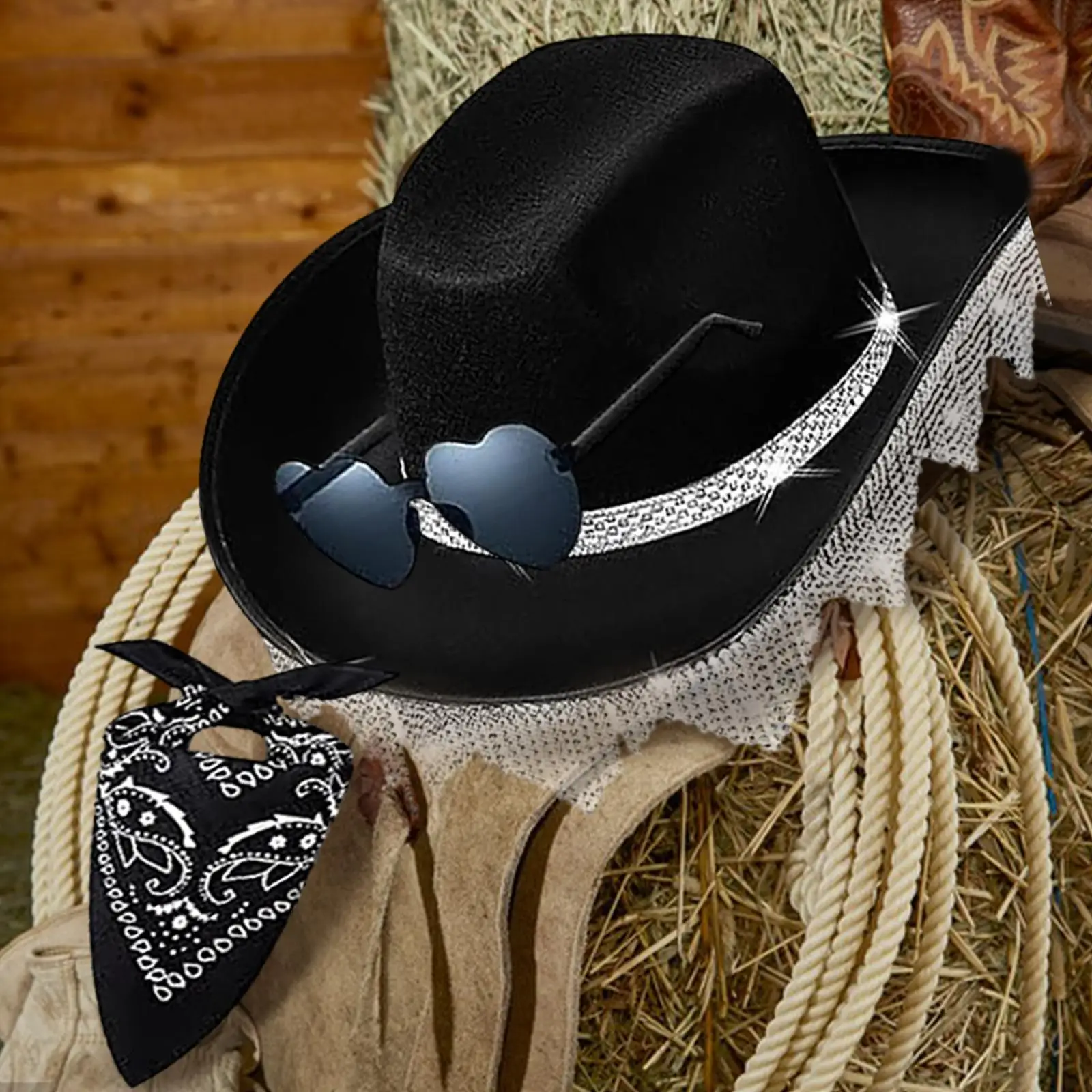 Western Tassels Cowboy Hat Sun Hat with Bandana and Sunglasses Women Men Fashion Spring Sunhat for Fancy Dress Hiking Costume