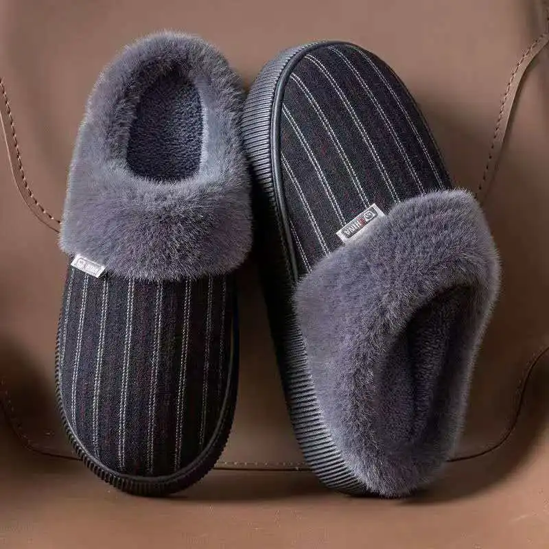 2026 شباشب قطنية رجالية للشتاء والخريف للاستخدام المنزلي الداخلي مضادة للانزلاق مخططة قطيفة دافئة وناعمة نعال قماش 40-47 #3