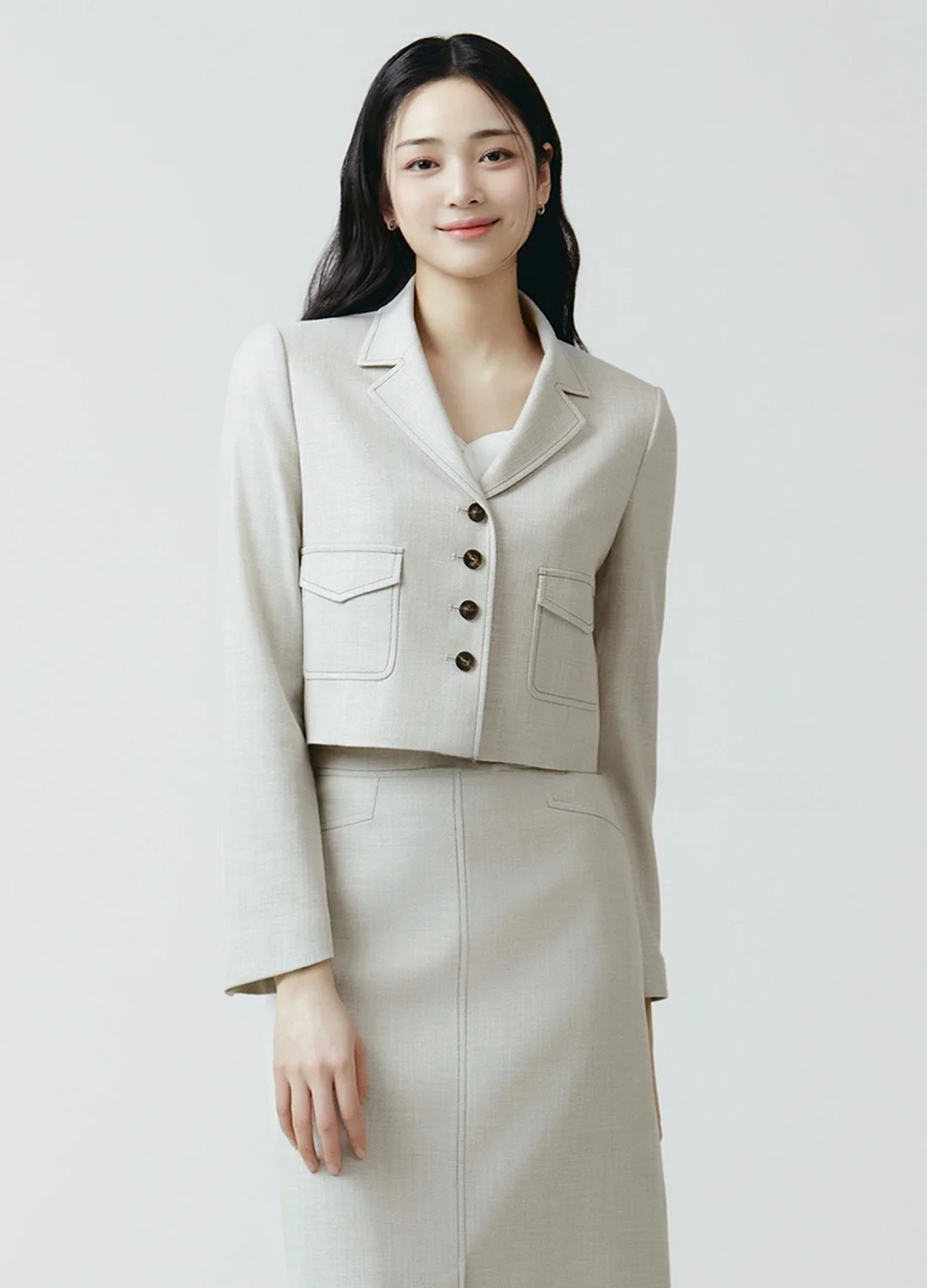 

Busin Suit Skirt Set Commute Versatile Long Sve irt Jaet f-length Skirt Button Design Pleated A-Line Skirt
