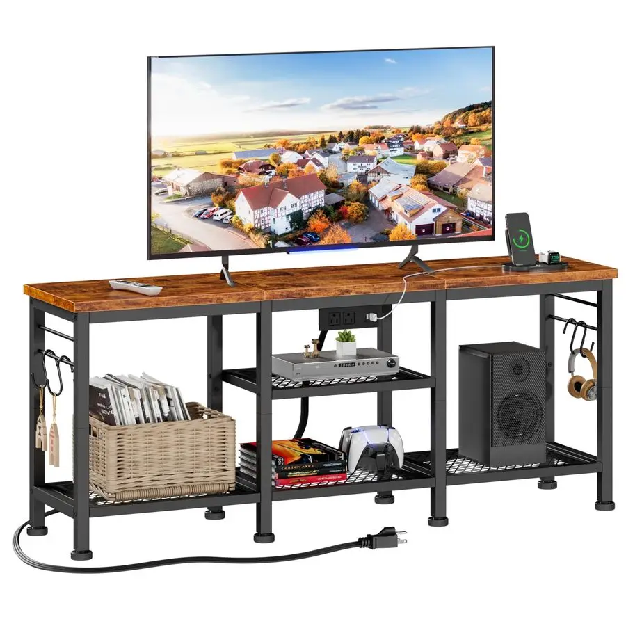 

TV Stand with Power Outlets, Entertainment Center with Open Storage Shelves for TVs up to 55 Inch, Media Console Table with Sou
