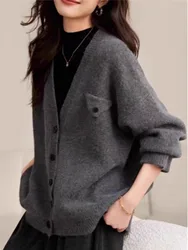 Korean cashmere knit cardigan mid-length female spring and autumn loose sweater coat temperament wool outside