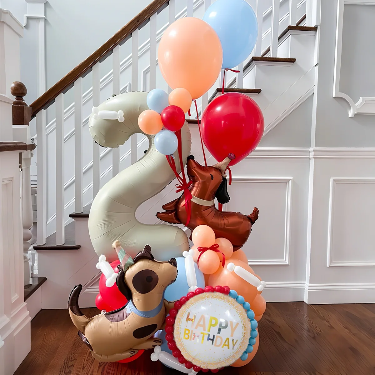 Conjunto de balões de coluna digital branco leite com balões de folha de alumínio de cachorro fofo para aniversário, decoração de festa de aniversário (0-9)