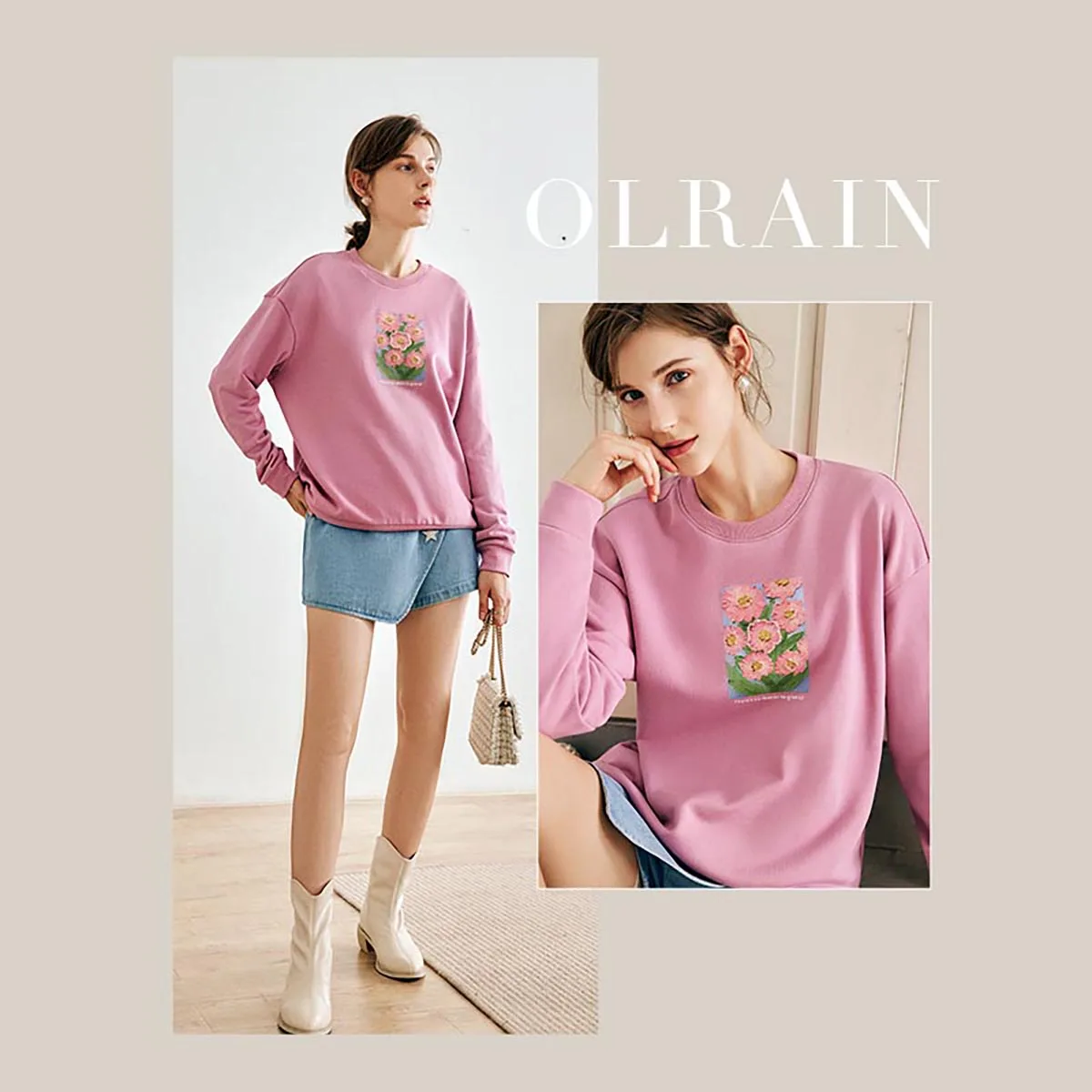 Bluzy graficzne OLRain dla kobiet, moda jesień 2025, damskie bluzy z okrągłym dekoltem, wkładane przez głowę, z kwiatowym nadrukiem, z długim rękawem, model O22QR65205