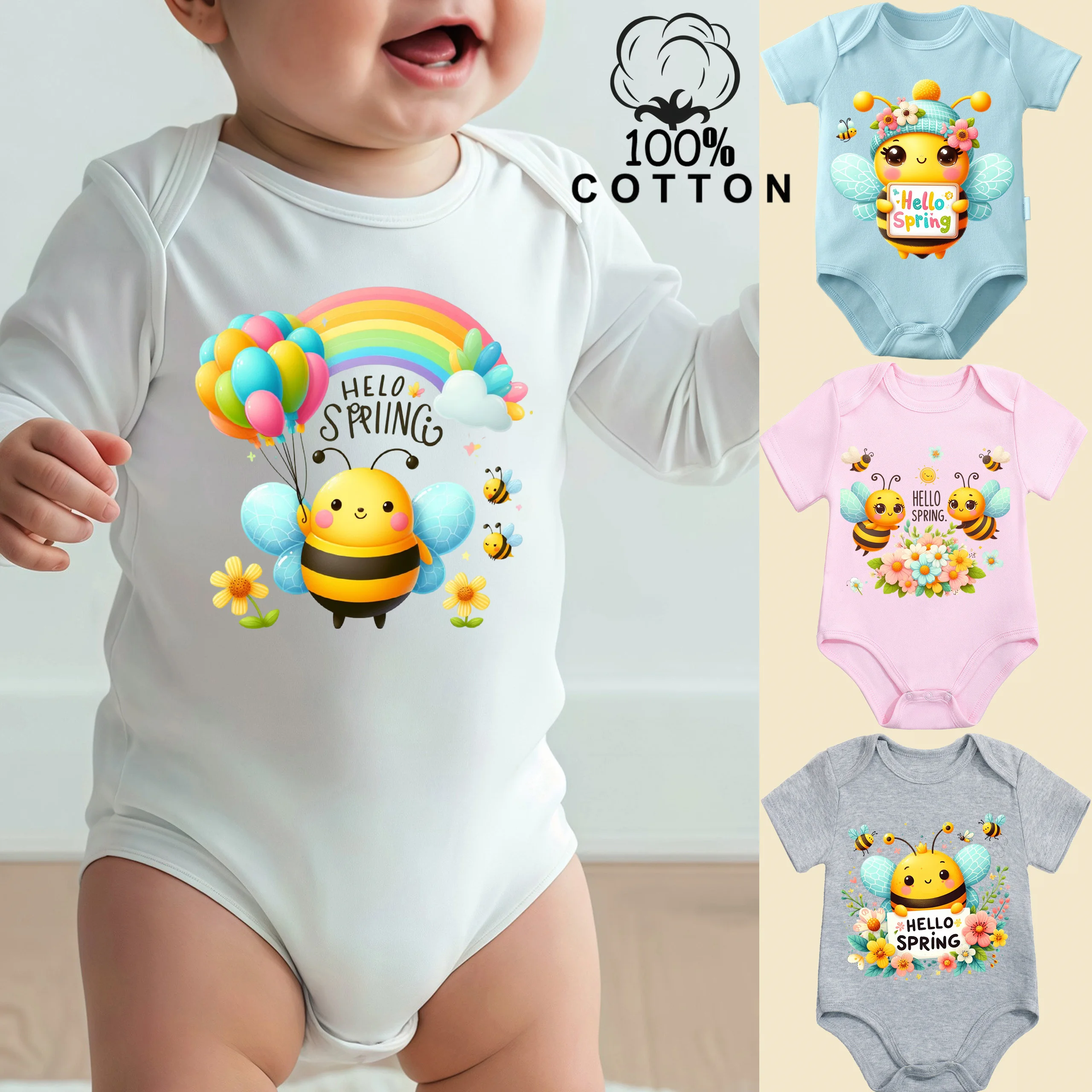 

Ретро-комбинезон-боди из 100% хлопка «Привет, весна! Пусть летит весна!» – удобная одежда для новорожденных от 0 до 12 месяцев