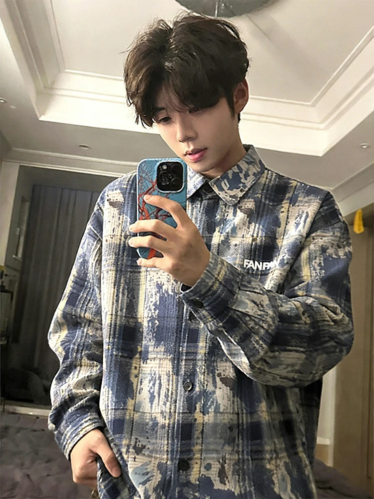 

American Sle Tie Dye Blue Plaid Men's Long Sve irt Spring Outfit Cleanfit Cheered Patterned Couple's Outerwear