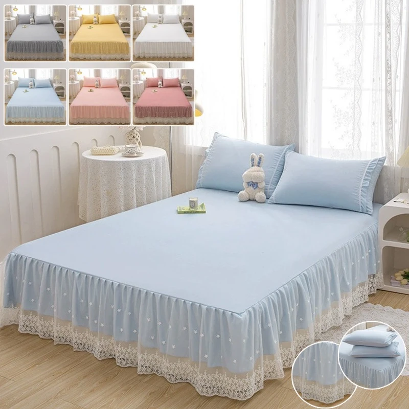 

New Pink Elegant Princess Bed Skirt Lace Ruffles Design Single Layer Bed Cover Soft Skin-friendly Bedding Copriletti in Pizzo