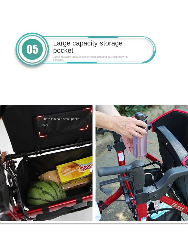 Wheelbarrow walker can sit on four-wheel folding shopping cart for the elderly.