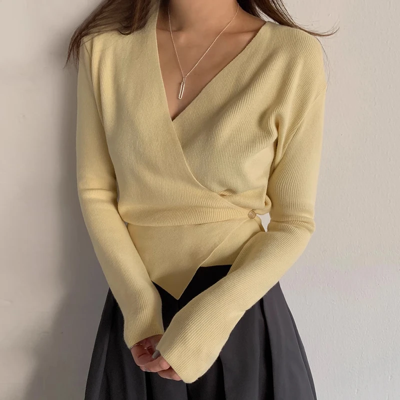 

Clothland женский элегантный вязаный свитер с v-образным вырезом и крестообразным дизайном рубашка с длинными рукавами асимметричные шикарные топы Mujer HA597