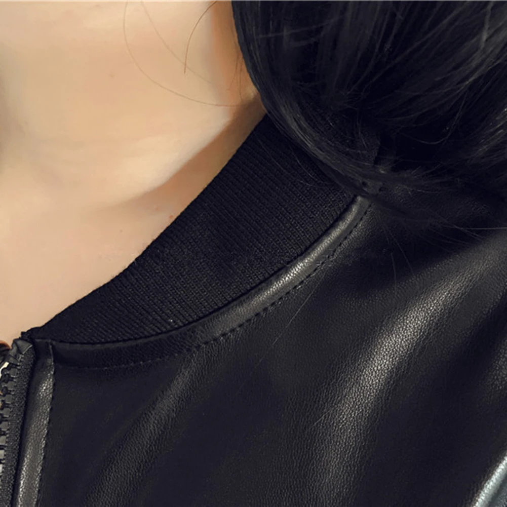 Women's PU Lantern Sleeve Jacket with Front Zipper and Collarless Neckline Ideal for Daily Office and Activities