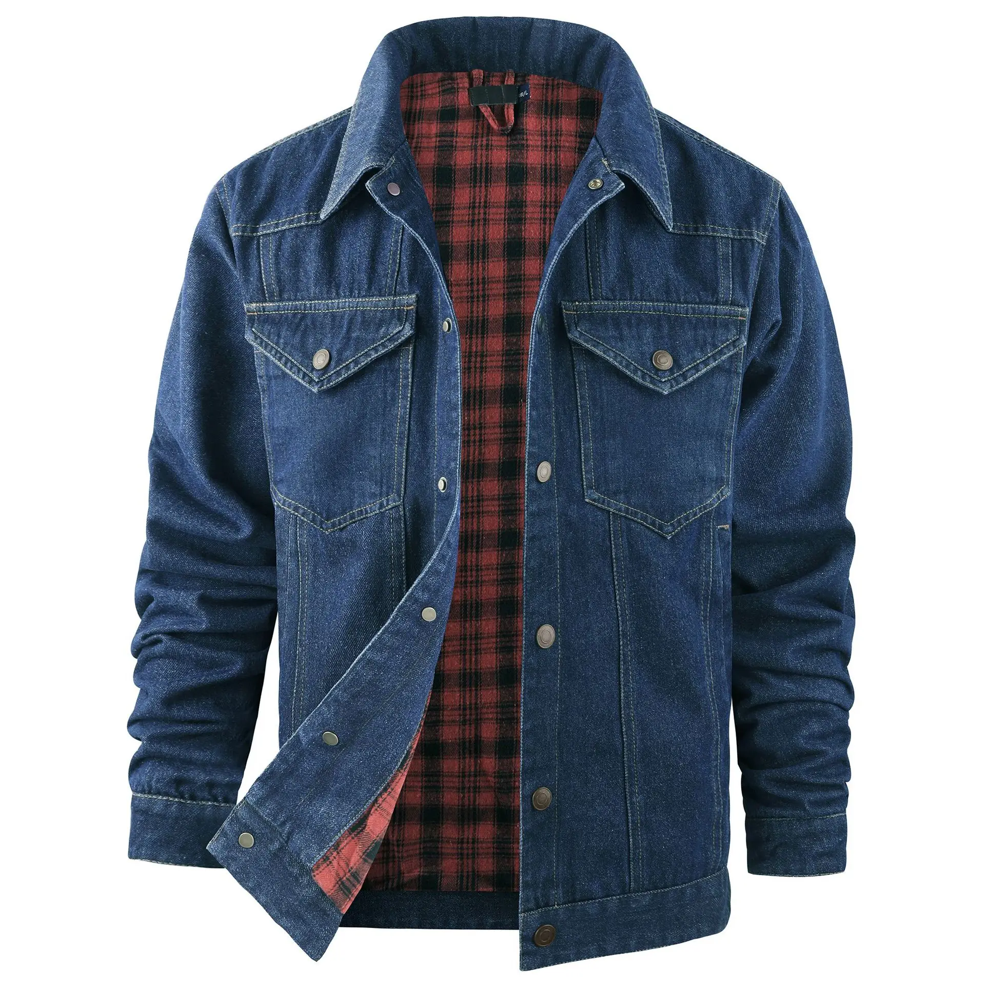 Men's Plaid Flannel Casual Coat Denim Jacket