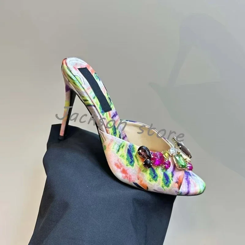 2025 المرأة مختلط الألوان حجر الراين الدنيم النعال عادية عالية الكعب تنوعا العصرية خنجر الراحة فستان أحذية اليدوية