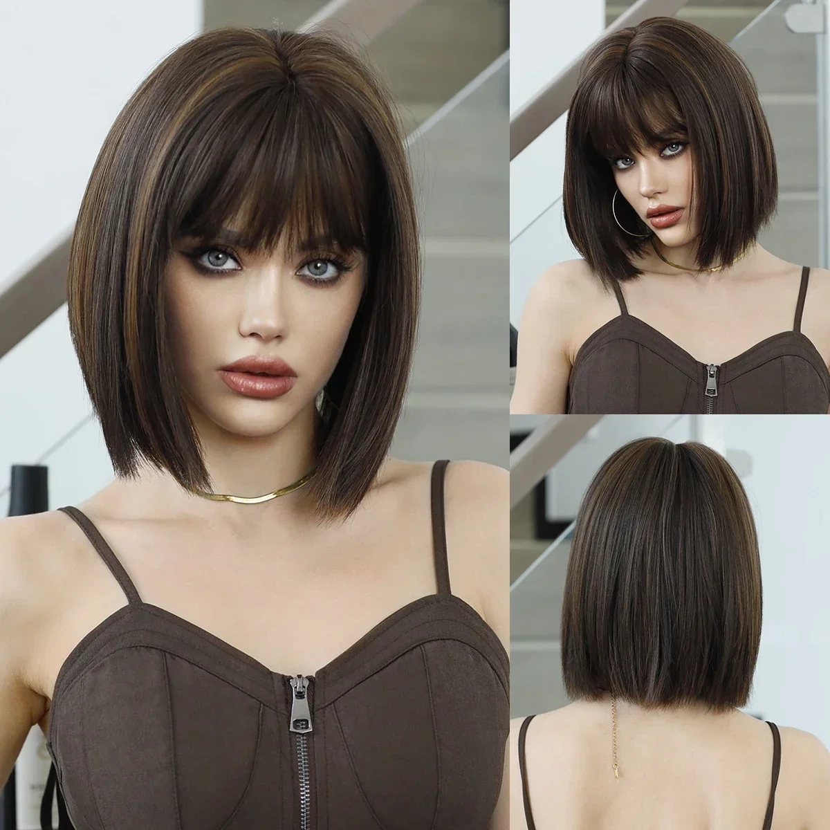 

NAMM Short Straight Dark Brown Wig for Woman Daily Cosplay Lolita Wig Highlight Orange Bob Wigs Synthetic Hair Heat Resistant