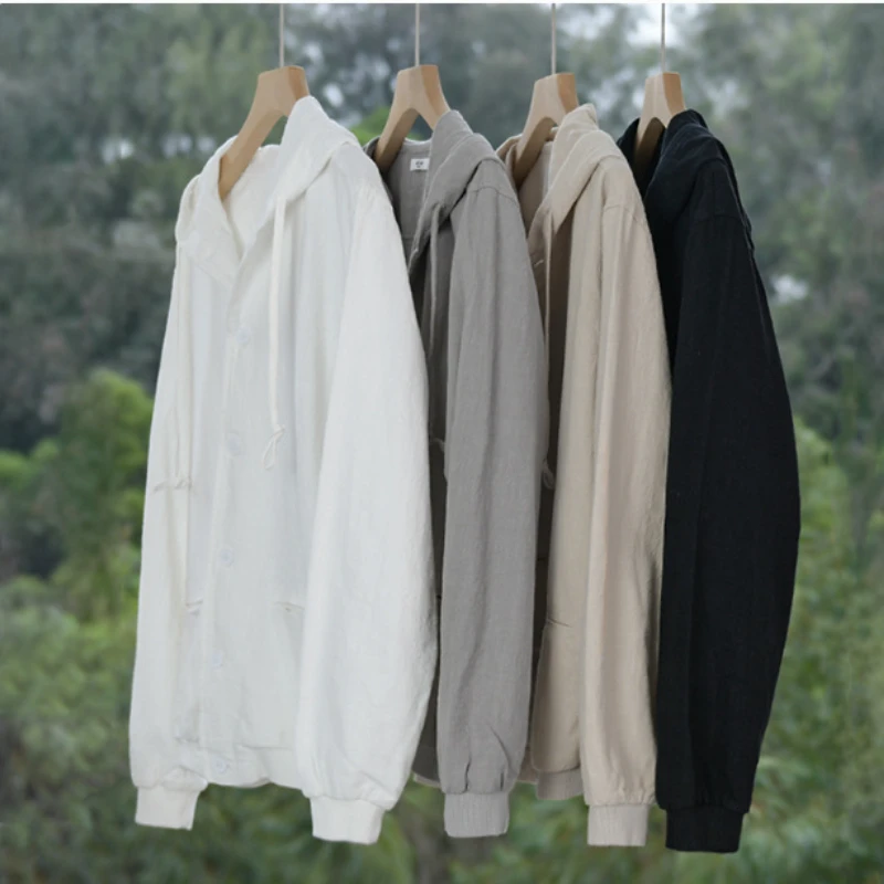 Spring and Autumn New Breathable Casual Linen Hoodies Jacket for Men Loose Simple Fashion Cotton Linen Men Clothing FY201