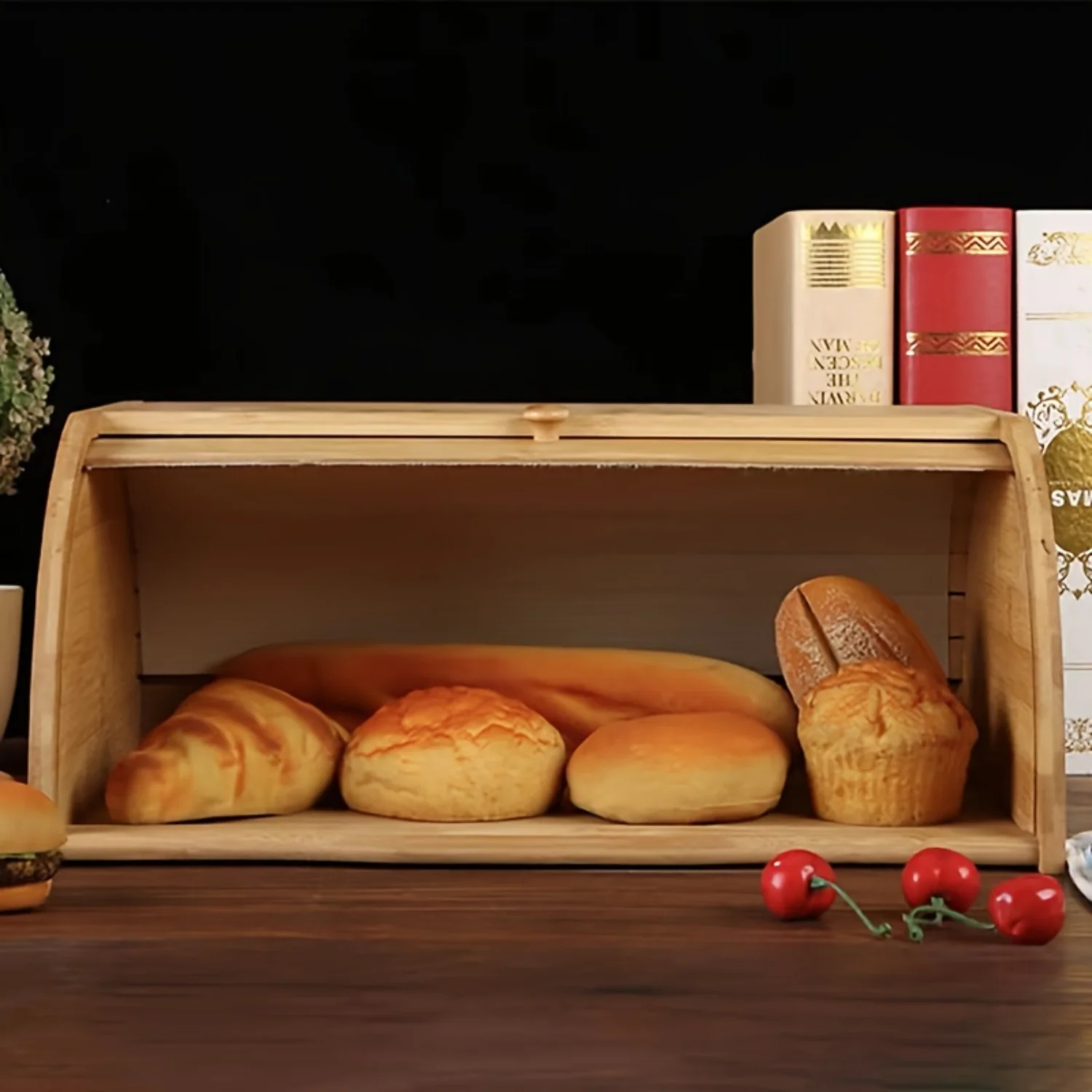 1pc Bamboo Bread Box with Leak-proof Lid, Fresh Bread Dispenser for Toast, Fruit, Veg, Kitchen Organizer and Accessories