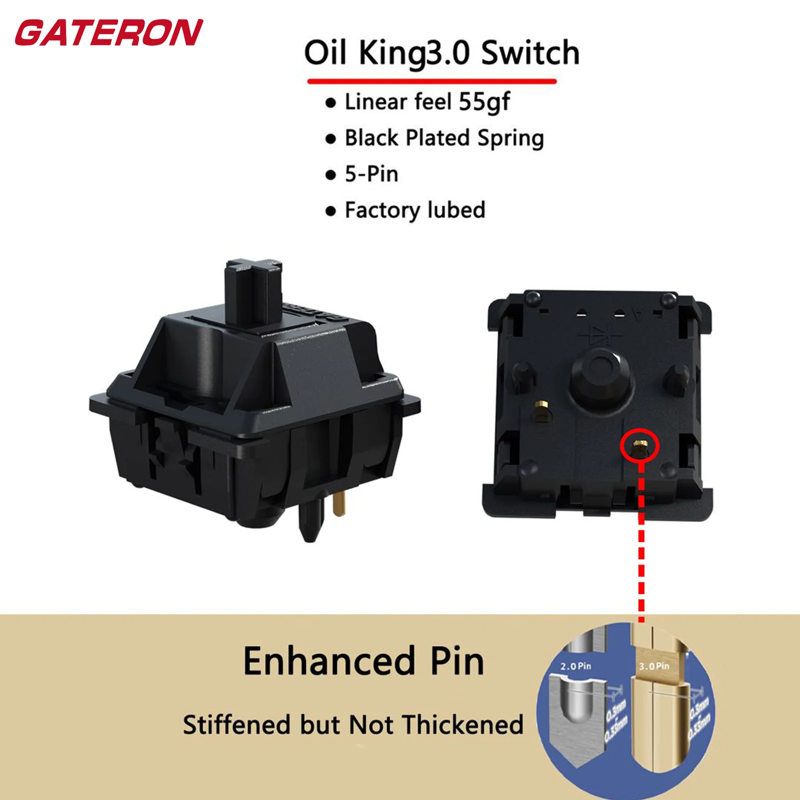 Przełączniki Gateron Oil King 3.0 do klawiatur mechanicznych, 5-pinowe, 55gf, liniowe, wstępnie smarowane, potrójnie wzmocnione przełączniki pinowe